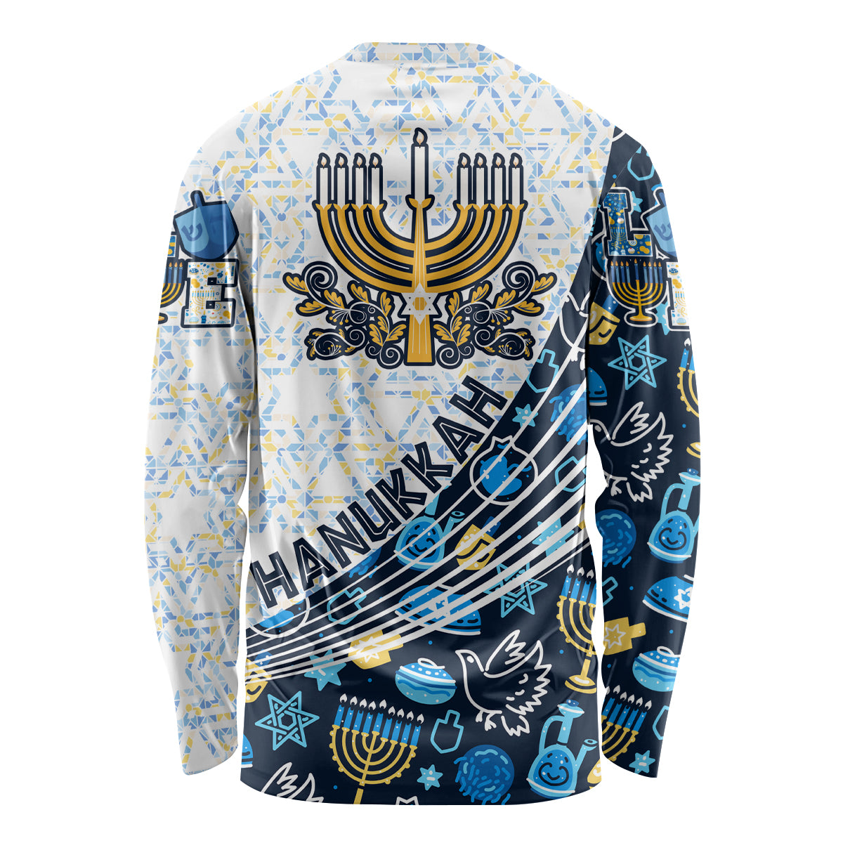 Happy Hanukkah Long Sleeve Shirt Menorah and Dreidel - Wonder Print Shop