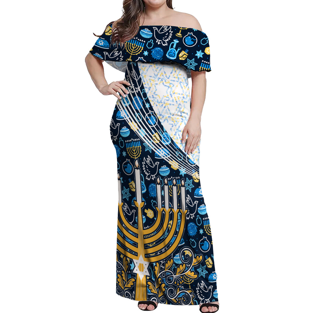 Happy Hanukkah Off Shoulder Maxi Dress Menorah and Dreidel - Wonder Print Shop