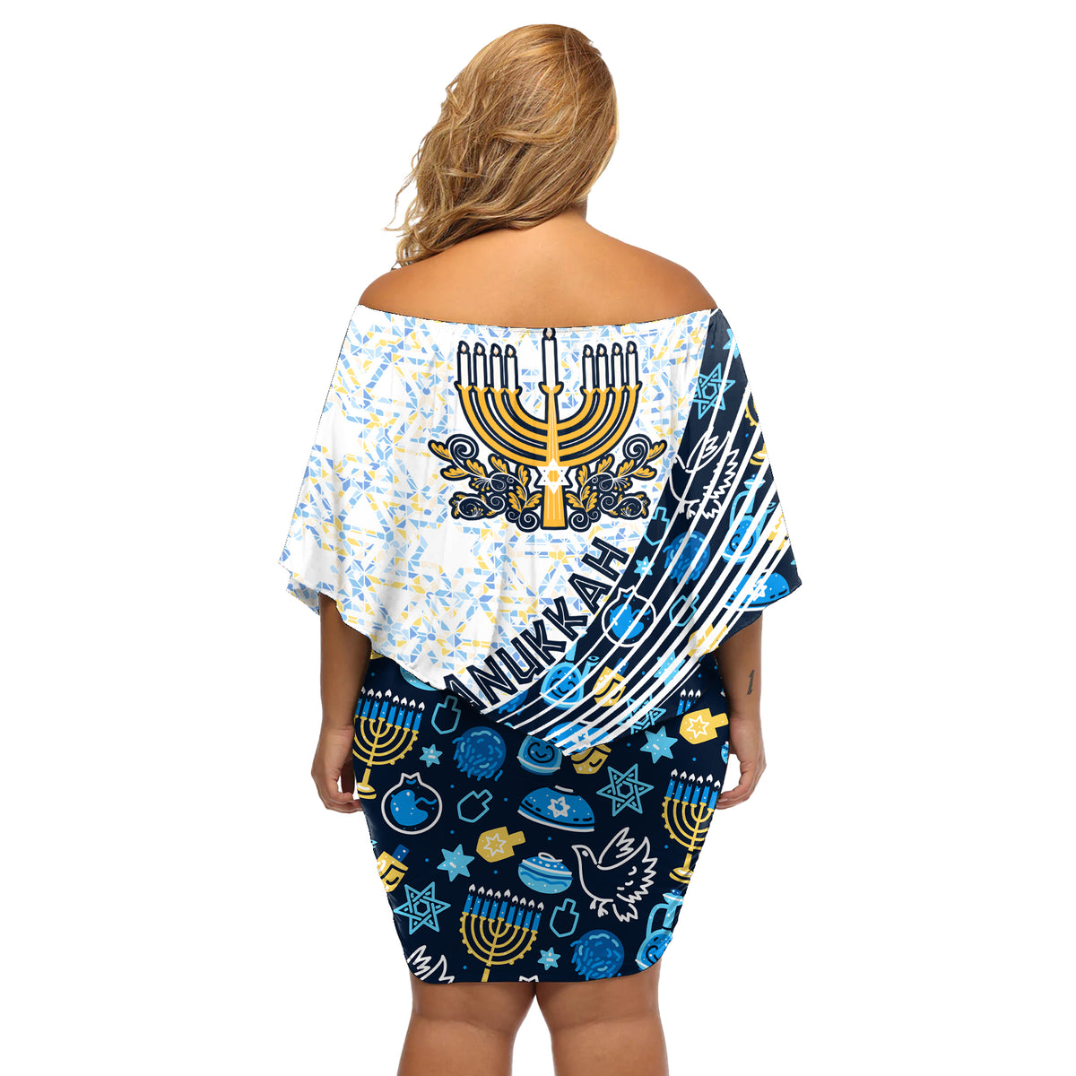 Happy Hanukkah Off Shoulder Short Dress Menorah and Dreidel - Wonder Print Shop