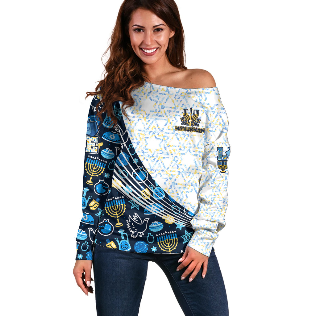 Happy Hanukkah Off Shoulder Sweater Menorah and Dreidel - Wonder Print Shop