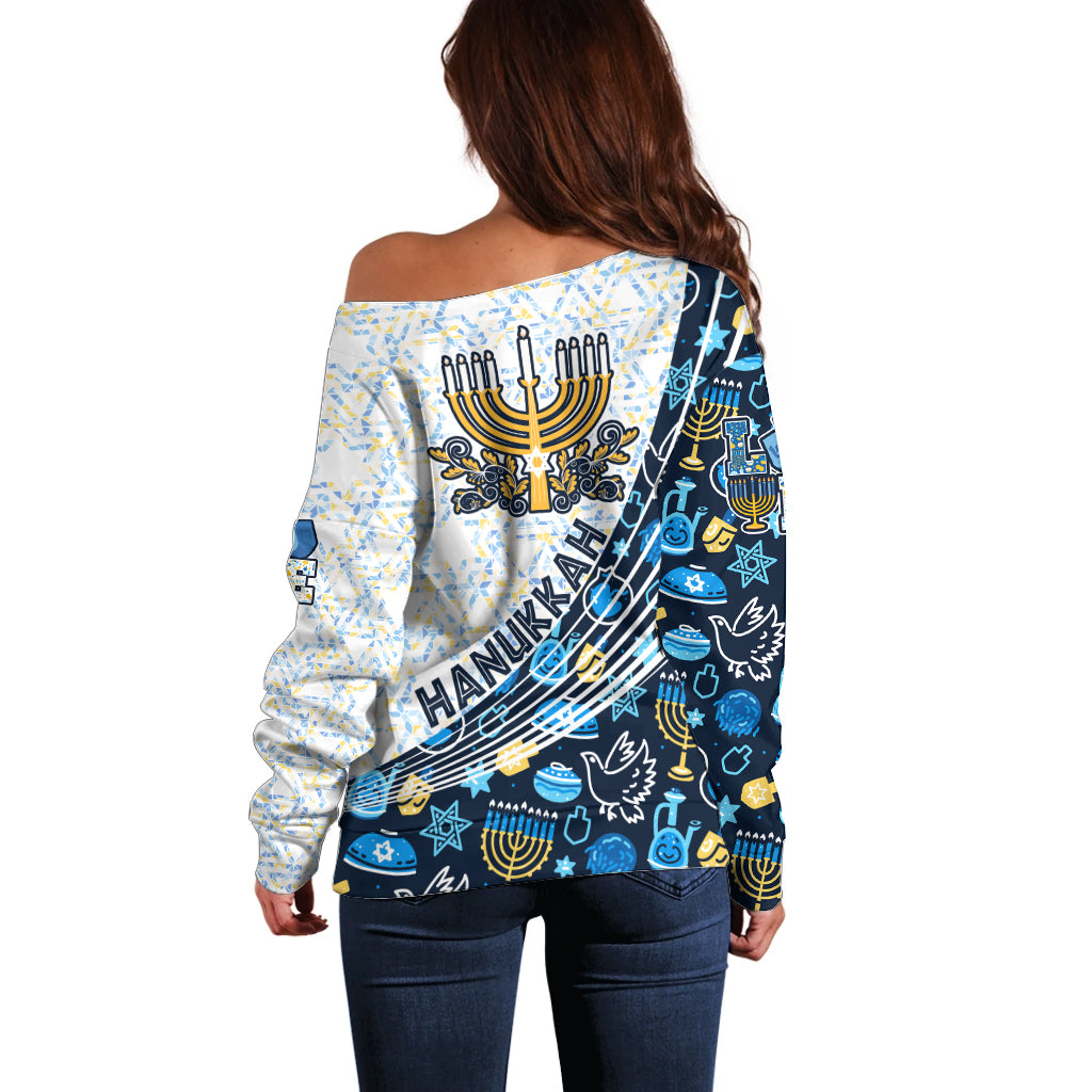 Happy Hanukkah Off Shoulder Sweater Menorah and Dreidel - Wonder Print Shop