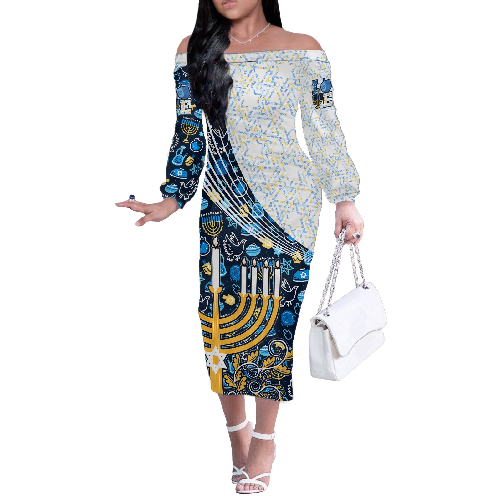 Happy Hanukkah Off The Shoulder Long Sleeve Dress Menorah and Dreidel - Wonder Print Shop