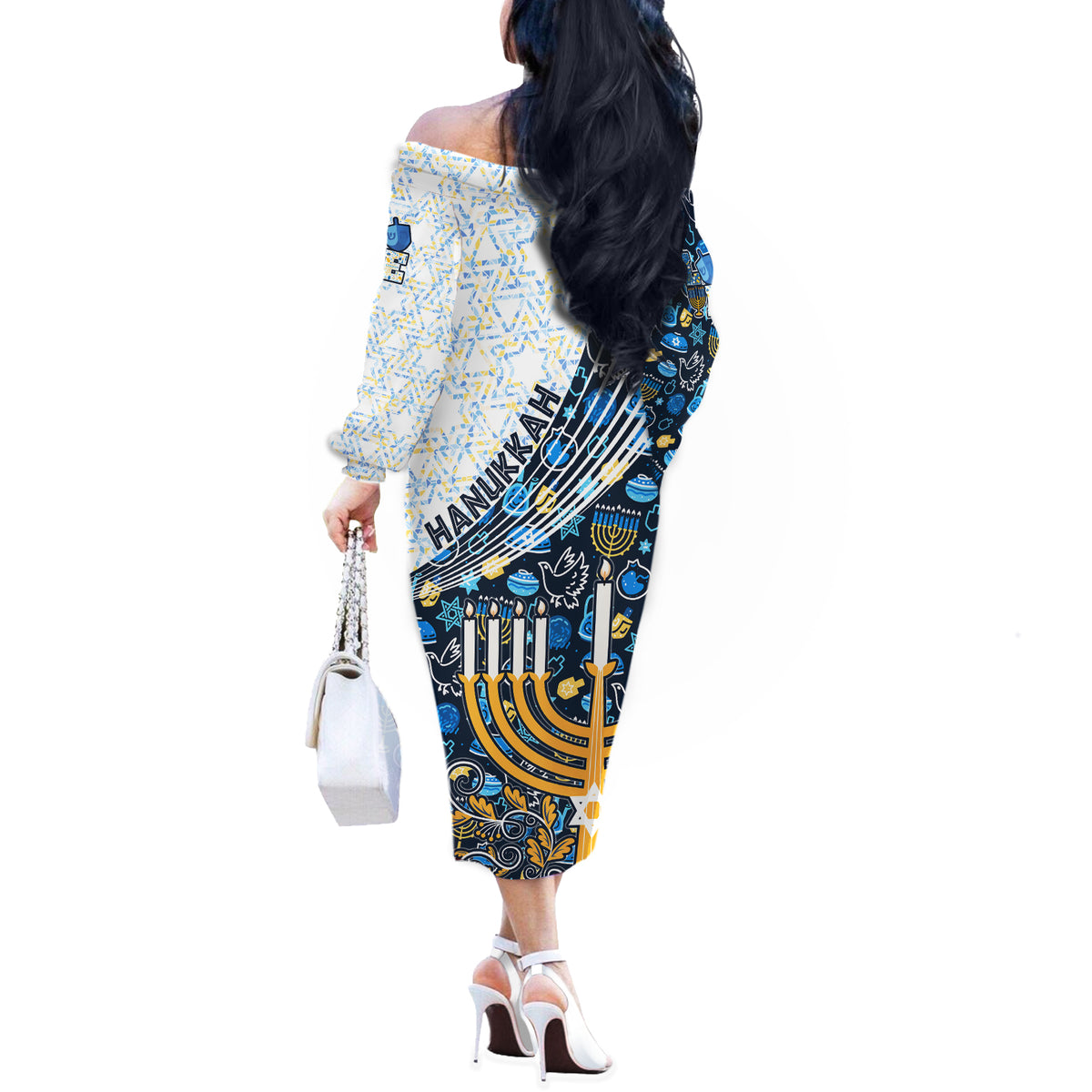 Happy Hanukkah Off The Shoulder Long Sleeve Dress Menorah and Dreidel - Wonder Print Shop