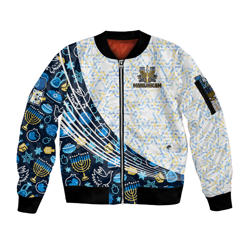 Happy Hanukkah Sleeve Zip Bomber Jacket Menorah and Dreidel - Wonder Print Shop