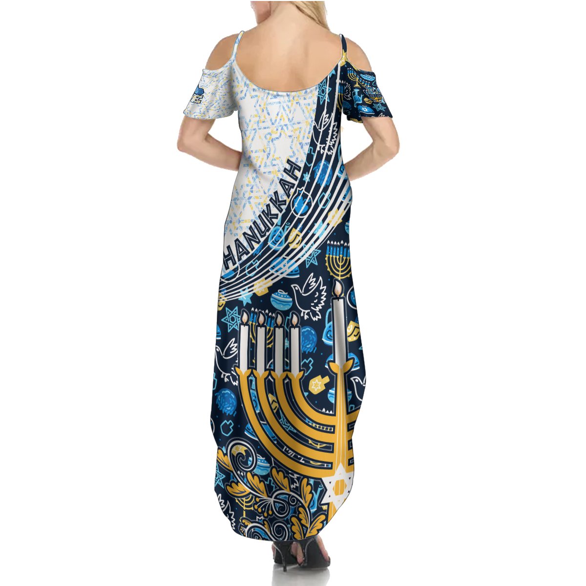 Happy Hanukkah Summer Maxi Dress Menorah and Dreidel - Wonder Print Shop