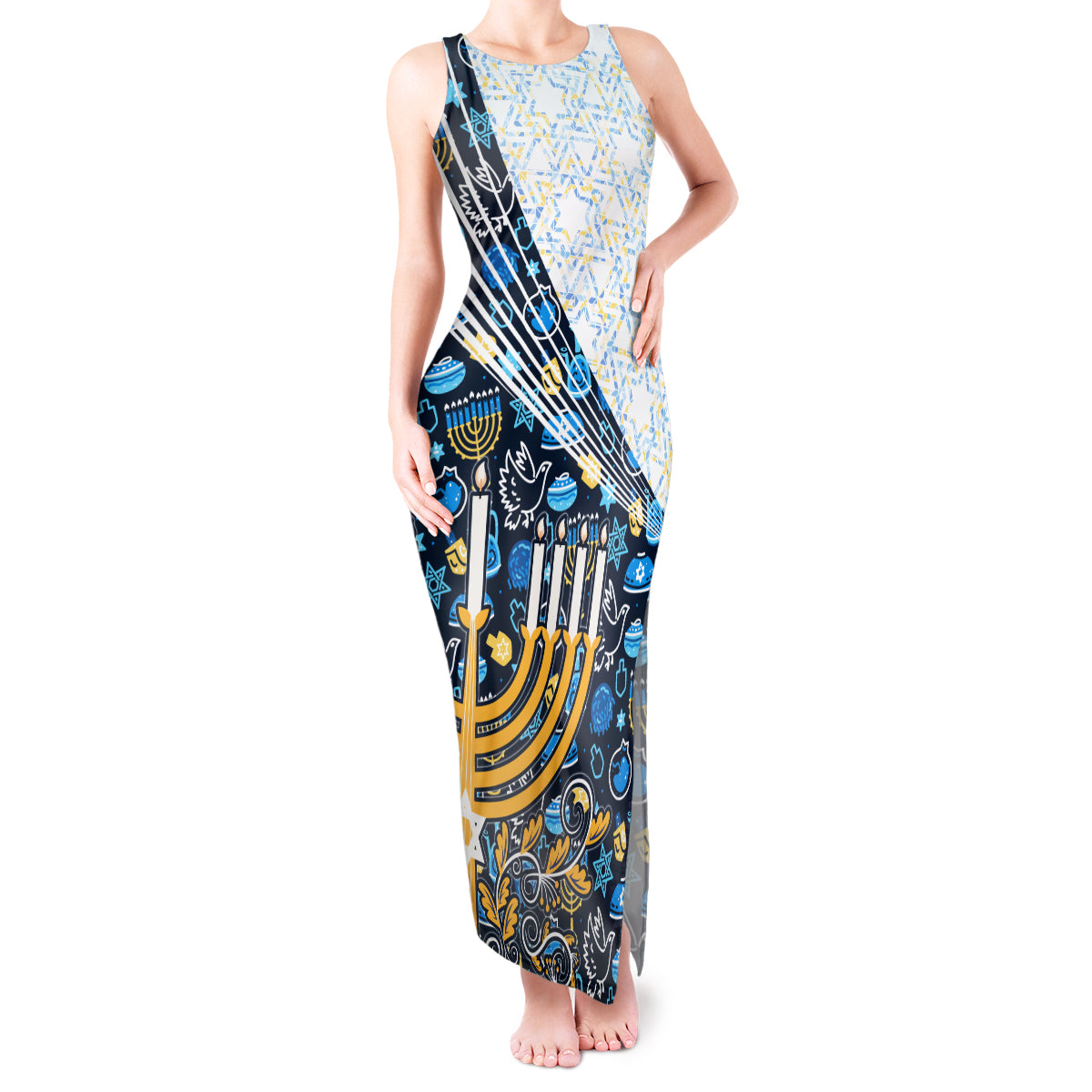 Happy Hanukkah Tank Maxi Dress Menorah and Dreidel - Wonder Print Shop