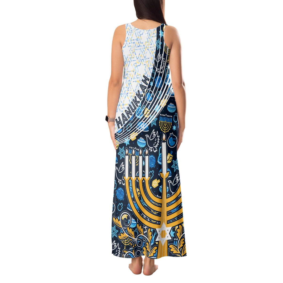Happy Hanukkah Tank Maxi Dress Menorah and Dreidel - Wonder Print Shop