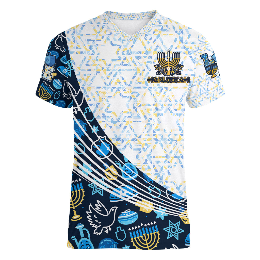 Happy Hanukkah Women V Neck T Shirt Menorah and Dreidel - Wonder Print Shop