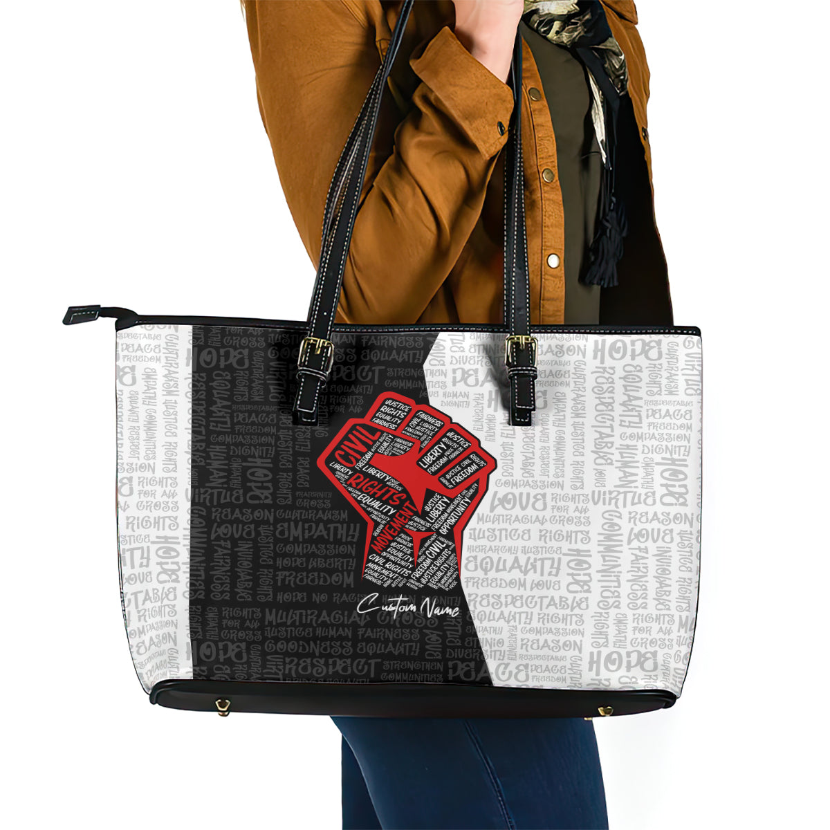 Personalized Civil Rights Movement Justice Fist Leather Tote Bag - Wonder Print Shop
