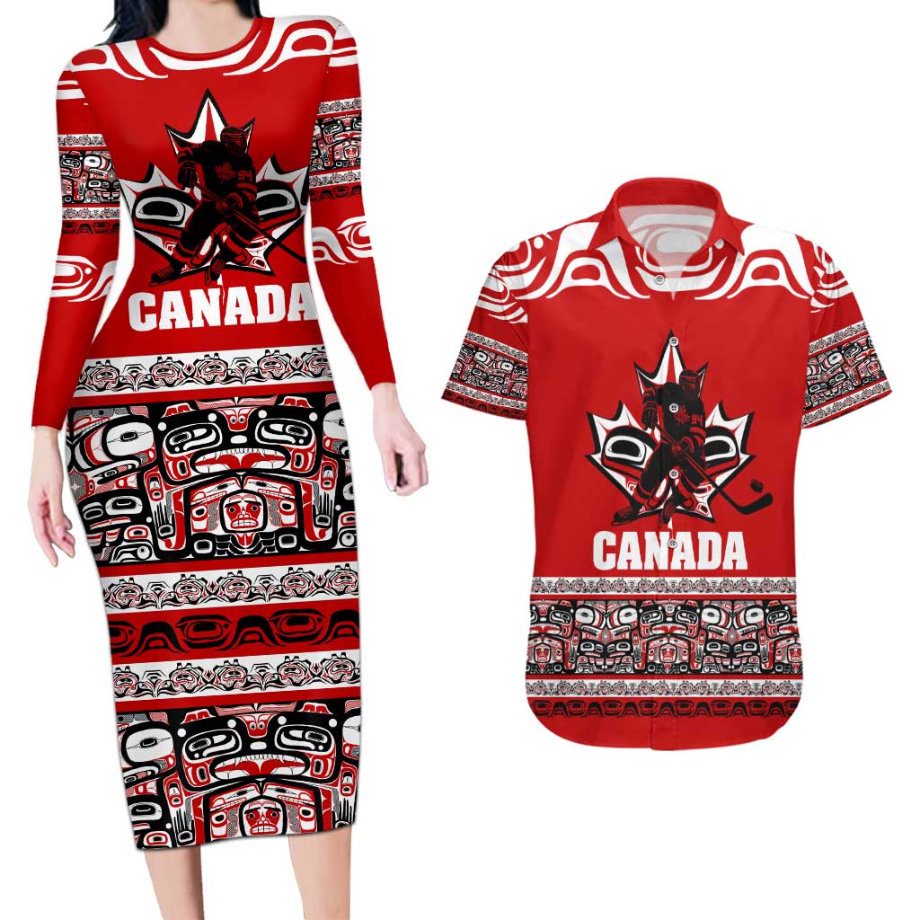 Haida Hockey Canada Couples Matching Long Sleeve Bodycon Dress and Hawaiian Shirt Maple Leaf