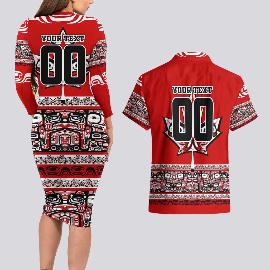 Haida Hockey Canada Couples Matching Long Sleeve Bodycon Dress and Hawaiian Shirt Maple Leaf