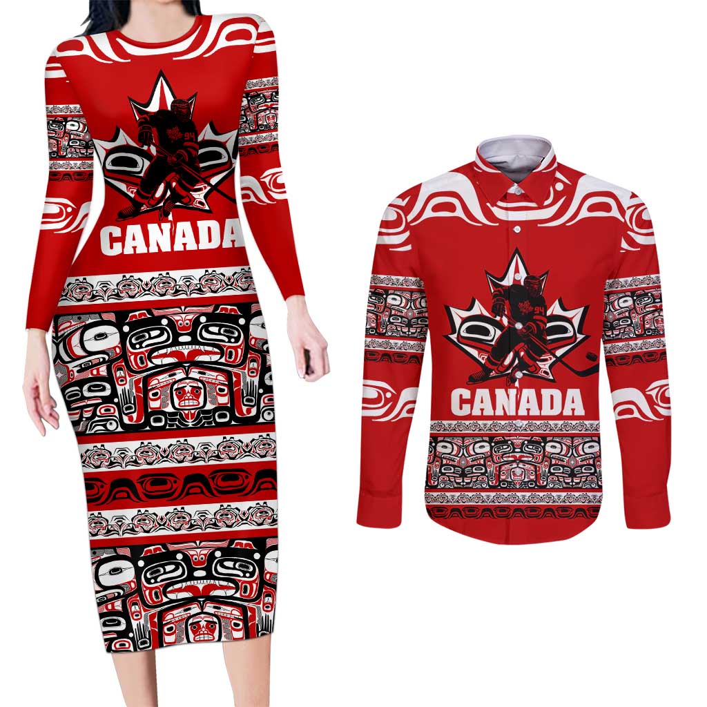 Haida Hockey Canada Couples Matching Long Sleeve Bodycon Dress and Long Sleeve Button Shirt Maple Leaf