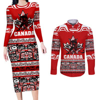 Haida Hockey Canada Couples Matching Long Sleeve Bodycon Dress and Long Sleeve Button Shirt Maple Leaf