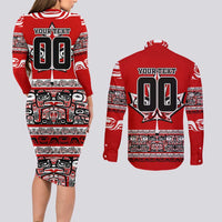 Haida Hockey Canada Couples Matching Long Sleeve Bodycon Dress and Long Sleeve Button Shirt Maple Leaf