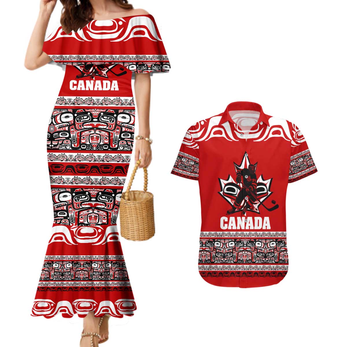 Haida Hockey Canada Couples Matching Mermaid Dress and Hawaiian Shirt Maple Leaf