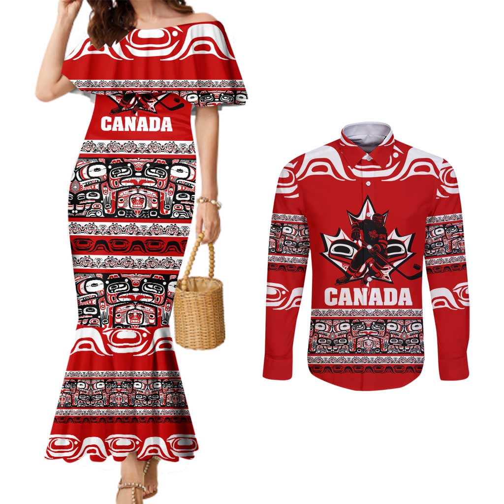 Haida Hockey Canada Couples Matching Mermaid Dress and Long Sleeve Button Shirt Maple Leaf
