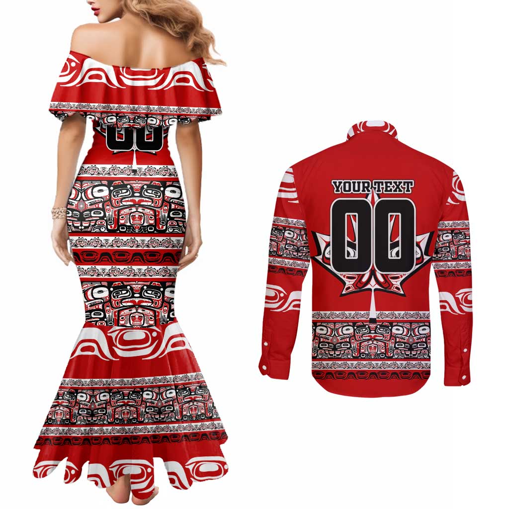 Haida Hockey Canada Couples Matching Mermaid Dress and Long Sleeve Button Shirt Maple Leaf