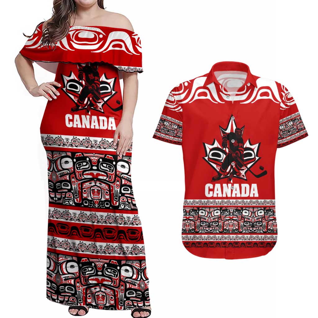 Haida Hockey Canada Couples Matching Off Shoulder Maxi Dress and Hawaiian Shirt Maple Leaf