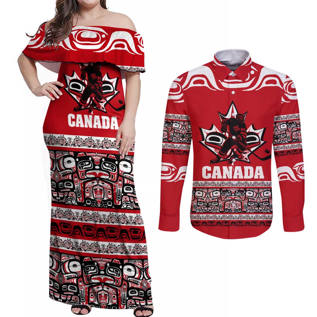 Haida Hockey Canada Couples Matching Off Shoulder Maxi Dress and Long Sleeve Button Shirt Maple Leaf