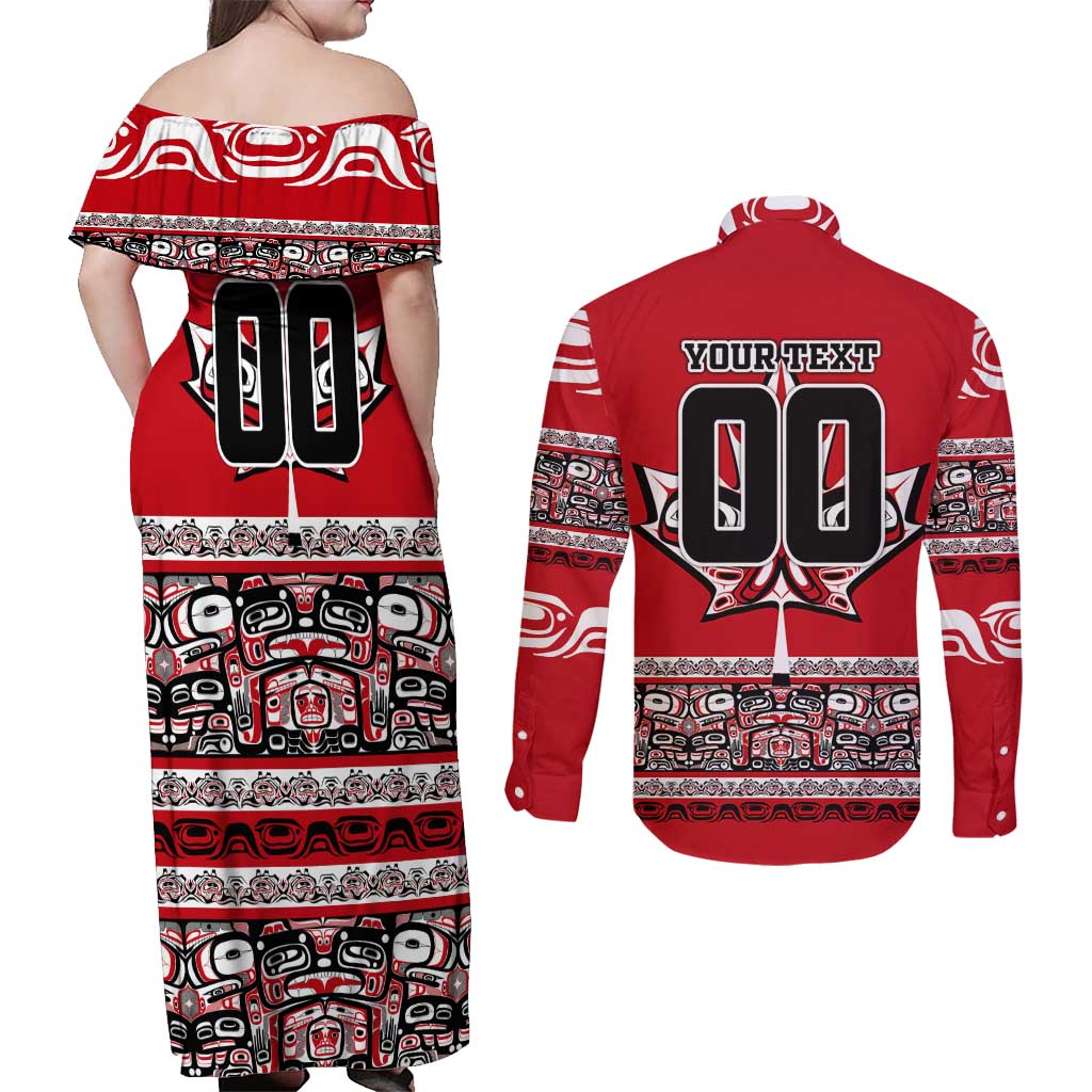 Haida Hockey Canada Couples Matching Off Shoulder Maxi Dress and Long Sleeve Button Shirt Maple Leaf