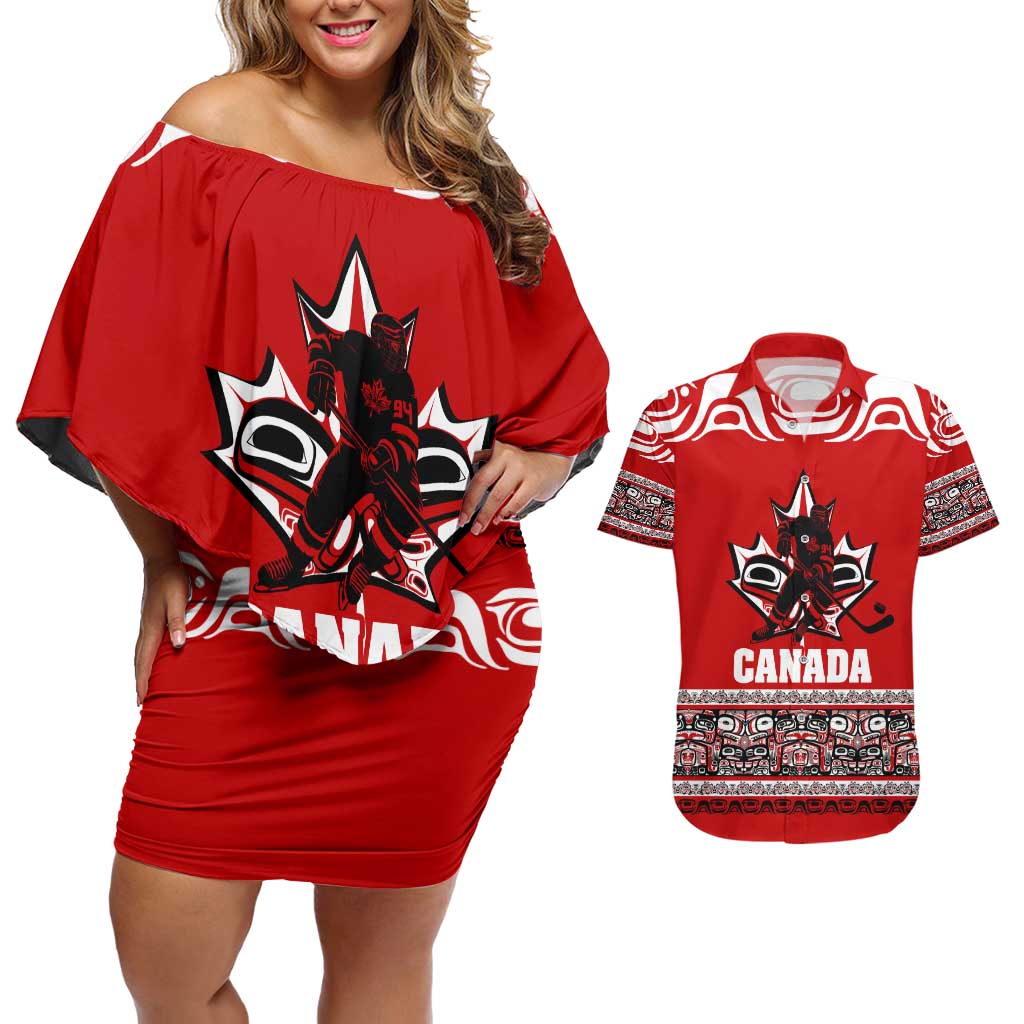 Haida Hockey Canada Couples Matching Off Shoulder Short Dress and Hawaiian Shirt Maple Leaf