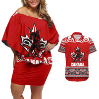 Haida Hockey Canada Couples Matching Off Shoulder Short Dress and Hawaiian Shirt Maple Leaf