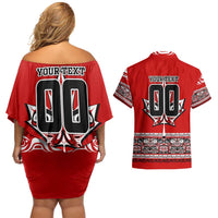 Haida Hockey Canada Couples Matching Off Shoulder Short Dress and Hawaiian Shirt Maple Leaf