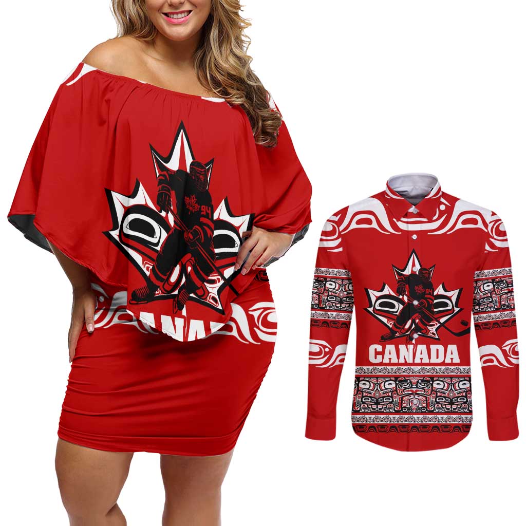 Haida Hockey Canada Couples Matching Off Shoulder Short Dress and Long Sleeve Button Shirt Maple Leaf