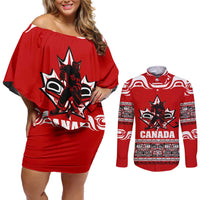 Haida Hockey Canada Couples Matching Off Shoulder Short Dress and Long Sleeve Button Shirt Maple Leaf