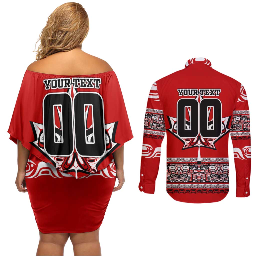 Haida Hockey Canada Couples Matching Off Shoulder Short Dress and Long Sleeve Button Shirt Maple Leaf