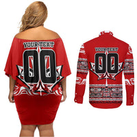 Haida Hockey Canada Couples Matching Off Shoulder Short Dress and Long Sleeve Button Shirt Maple Leaf