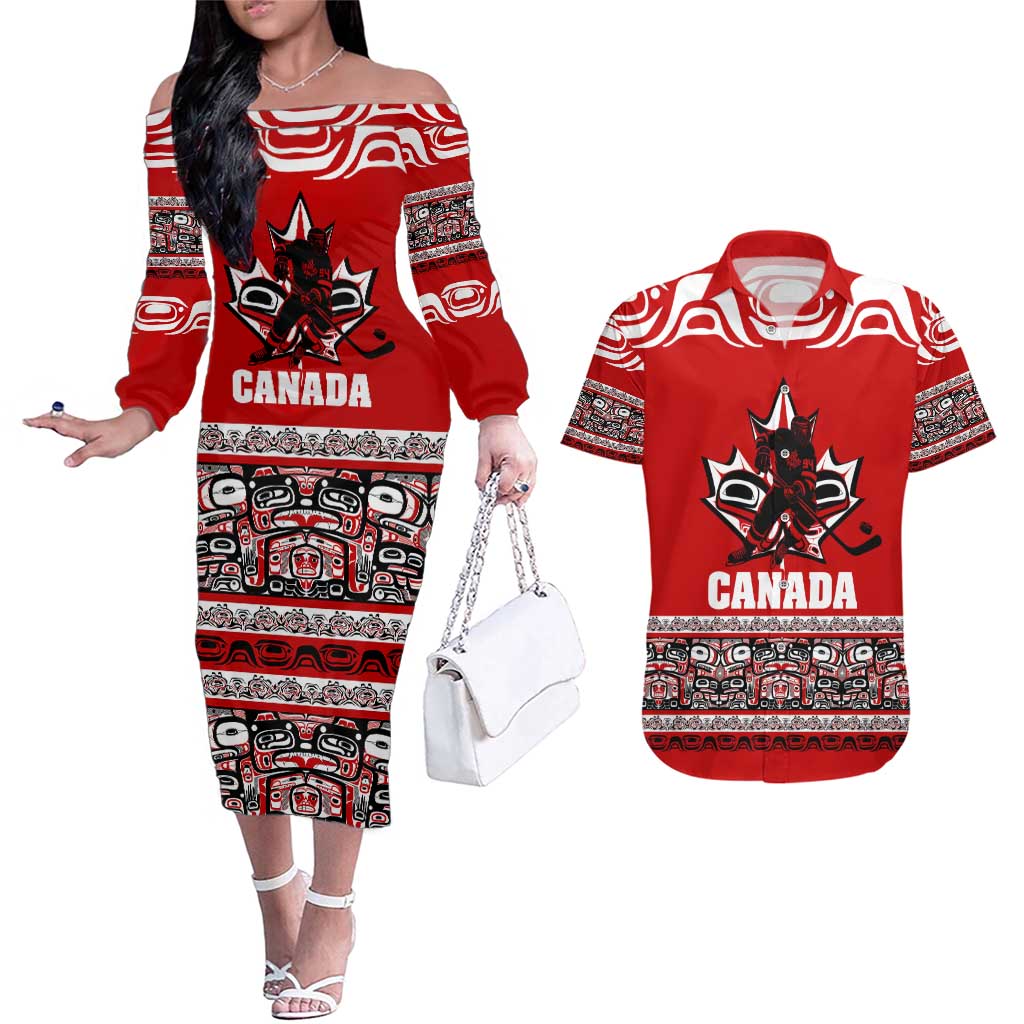 Haida Hockey Canada Couples Matching Off The Shoulder Long Sleeve Dress and Hawaiian Shirt Maple Leaf