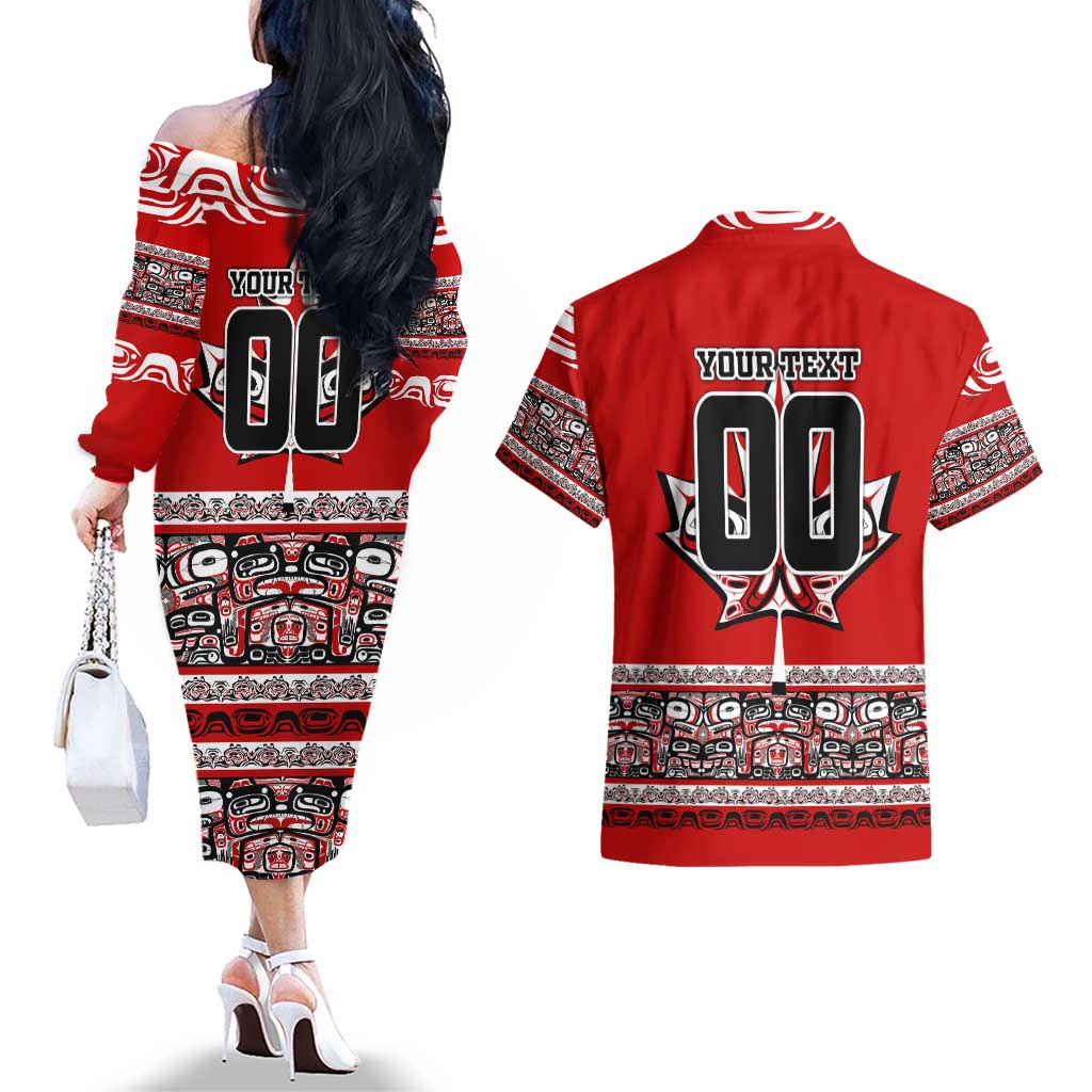 Haida Hockey Canada Couples Matching Off The Shoulder Long Sleeve Dress and Hawaiian Shirt Maple Leaf