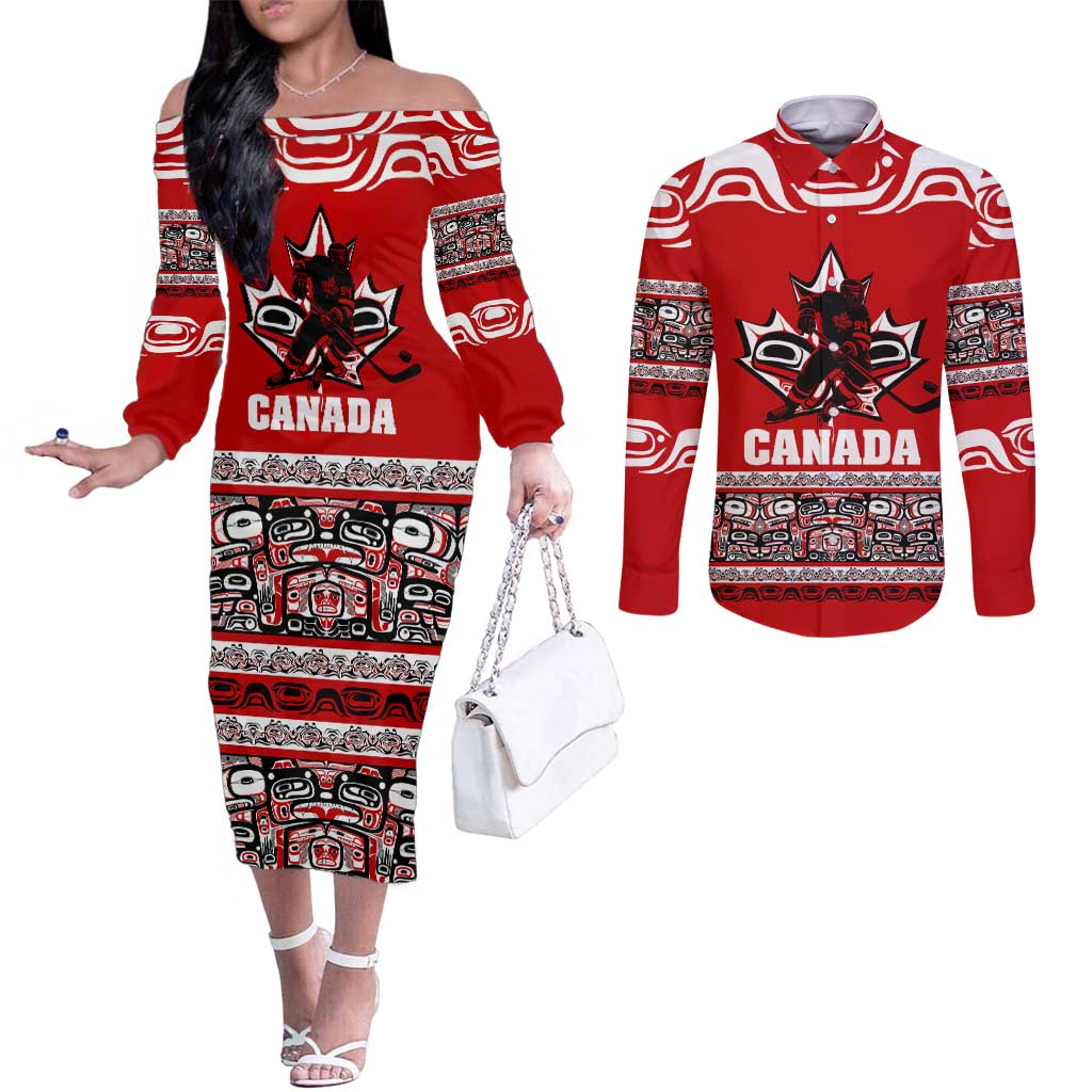 Haida Hockey Canada Couples Matching Off The Shoulder Long Sleeve Dress and Long Sleeve Button Shirt Maple Leaf