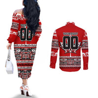 Haida Hockey Canada Couples Matching Off The Shoulder Long Sleeve Dress and Long Sleeve Button Shirt Maple Leaf