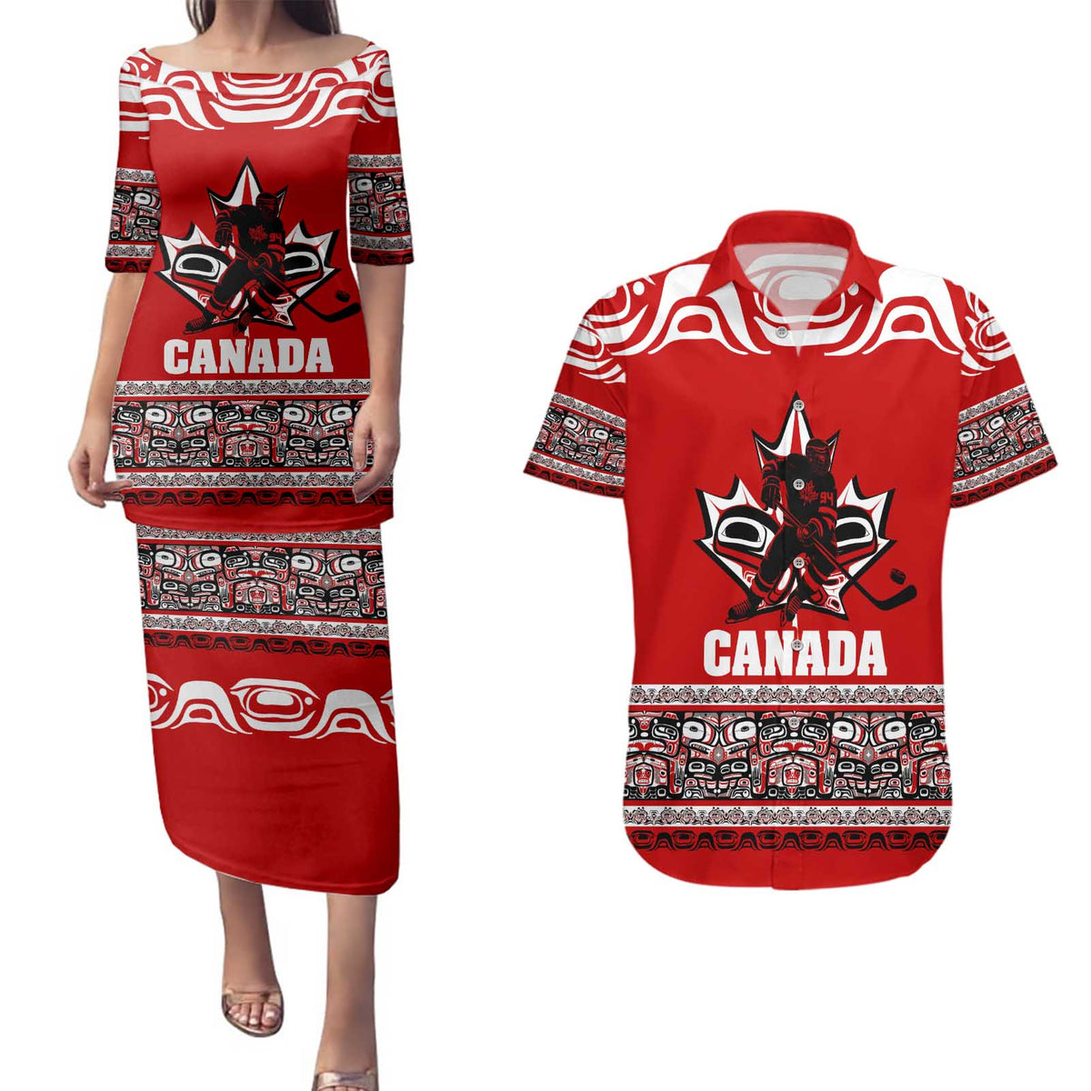 Haida Hockey Canada Couples Matching Puletasi and Hawaiian Shirt Maple Leaf