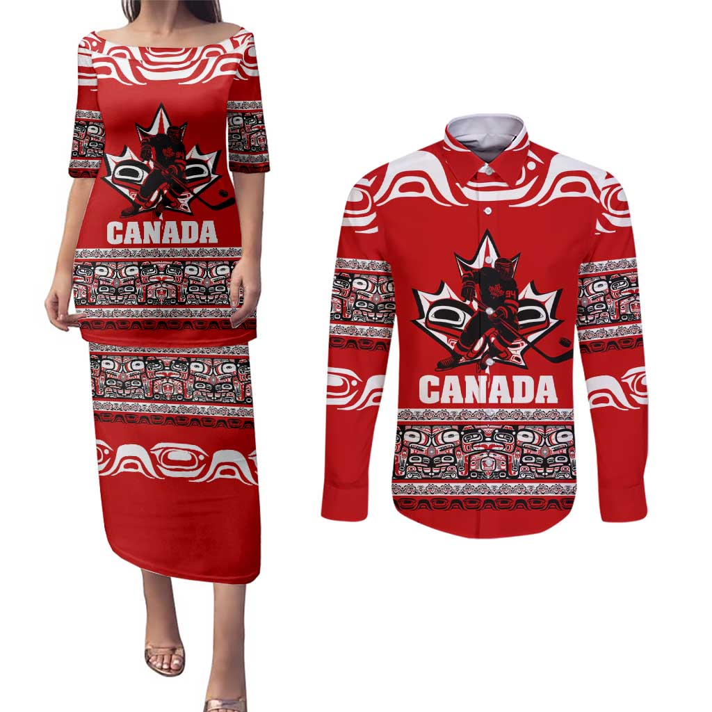 Haida Hockey Canada Couples Matching Puletasi and Long Sleeve Button Shirt Maple Leaf