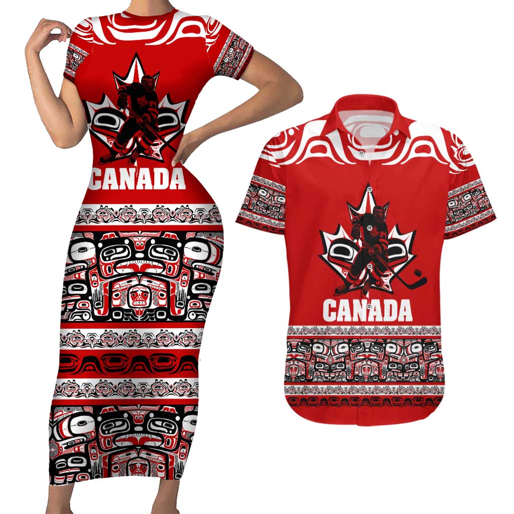 Haida Hockey Canada Couples Matching Short Sleeve Bodycon Dress and Hawaiian Shirt Maple Leaf