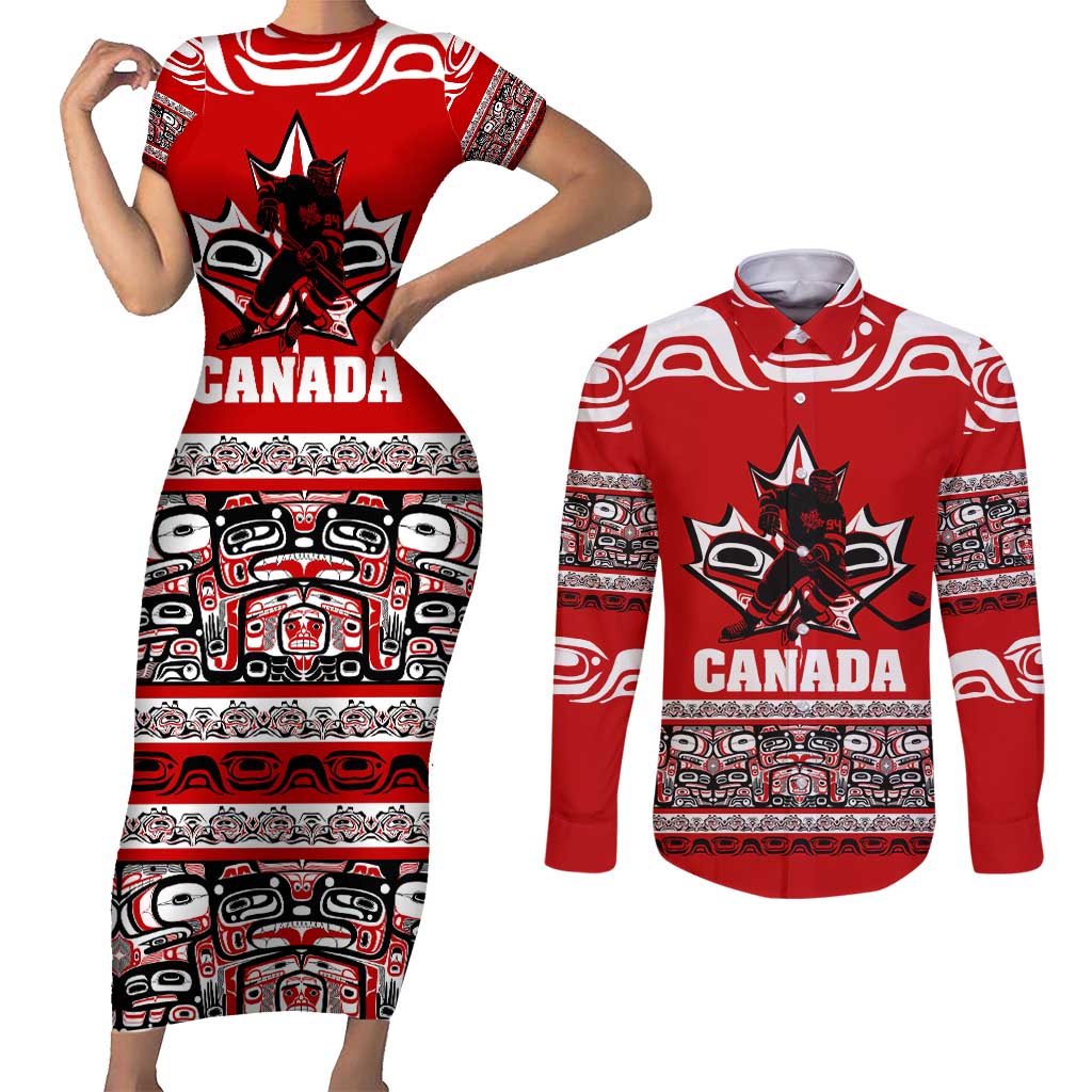 Haida Hockey Canada Couples Matching Short Sleeve Bodycon Dress and Long Sleeve Button Shirt Maple Leaf