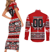 Haida Hockey Canada Couples Matching Short Sleeve Bodycon Dress and Long Sleeve Button Shirt Maple Leaf
