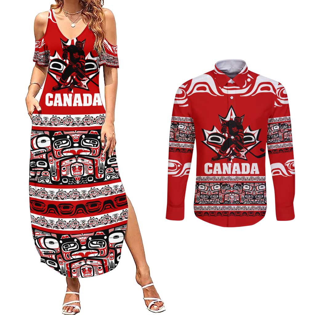 Haida Hockey Canada Couples Matching Summer Maxi Dress and Long Sleeve Button Shirt Maple Leaf