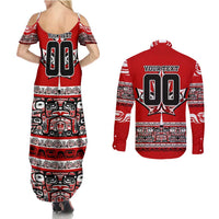 Haida Hockey Canada Couples Matching Summer Maxi Dress and Long Sleeve Button Shirt Maple Leaf