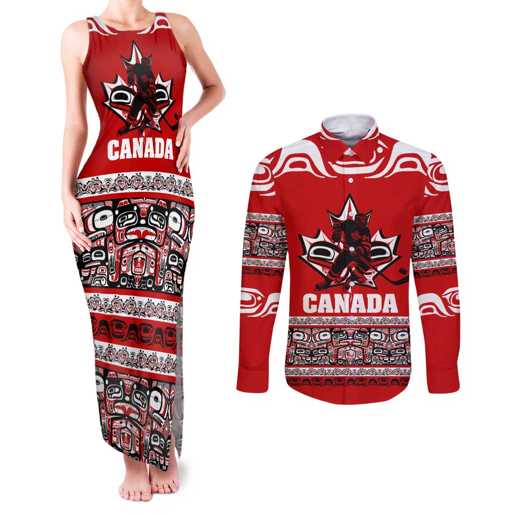 Haida Hockey Canada Couples Matching Tank Maxi Dress and Long Sleeve Button Shirt Maple Leaf