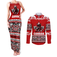 Haida Hockey Canada Couples Matching Tank Maxi Dress and Long Sleeve Button Shirt Maple Leaf