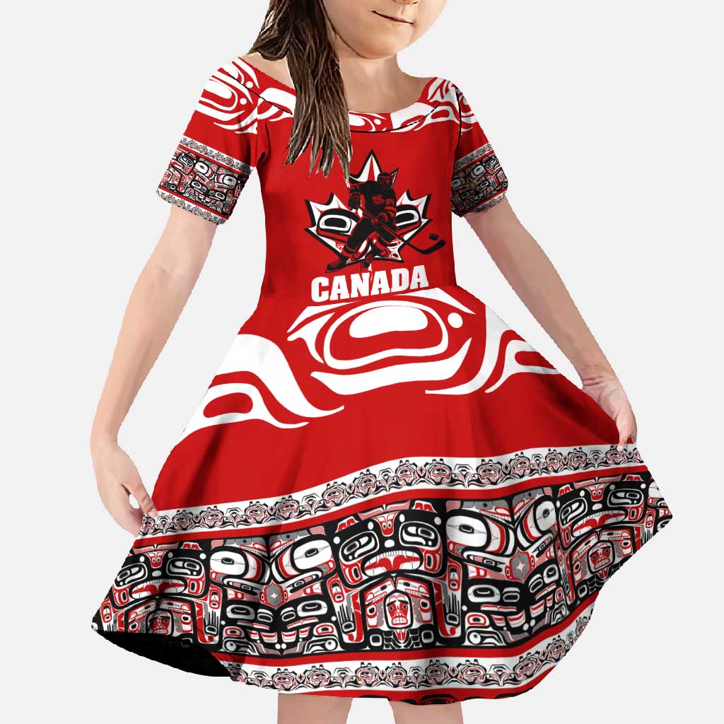 Haida Hockey Canada Family Matching Long Sleeve Bodycon Dress and Hawaiian Shirt Maple Leaf