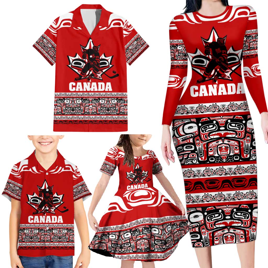 Haida Hockey Canada Family Matching Long Sleeve Bodycon Dress and Hawaiian Shirt Maple Leaf