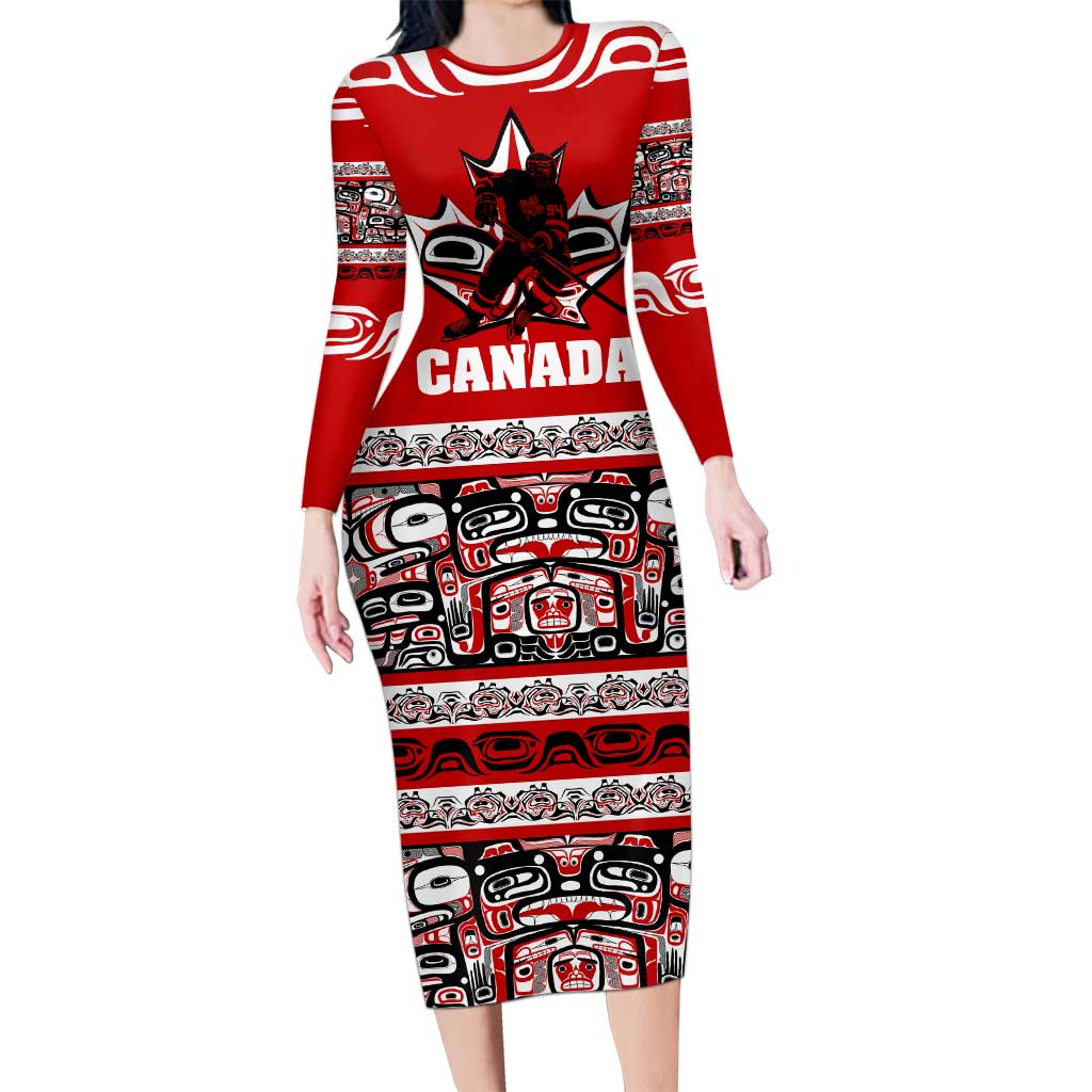 Haida Hockey Canada Family Matching Long Sleeve Bodycon Dress and Hawaiian Shirt Maple Leaf