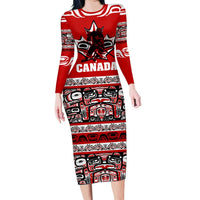 Haida Hockey Canada Family Matching Long Sleeve Bodycon Dress and Hawaiian Shirt Maple Leaf