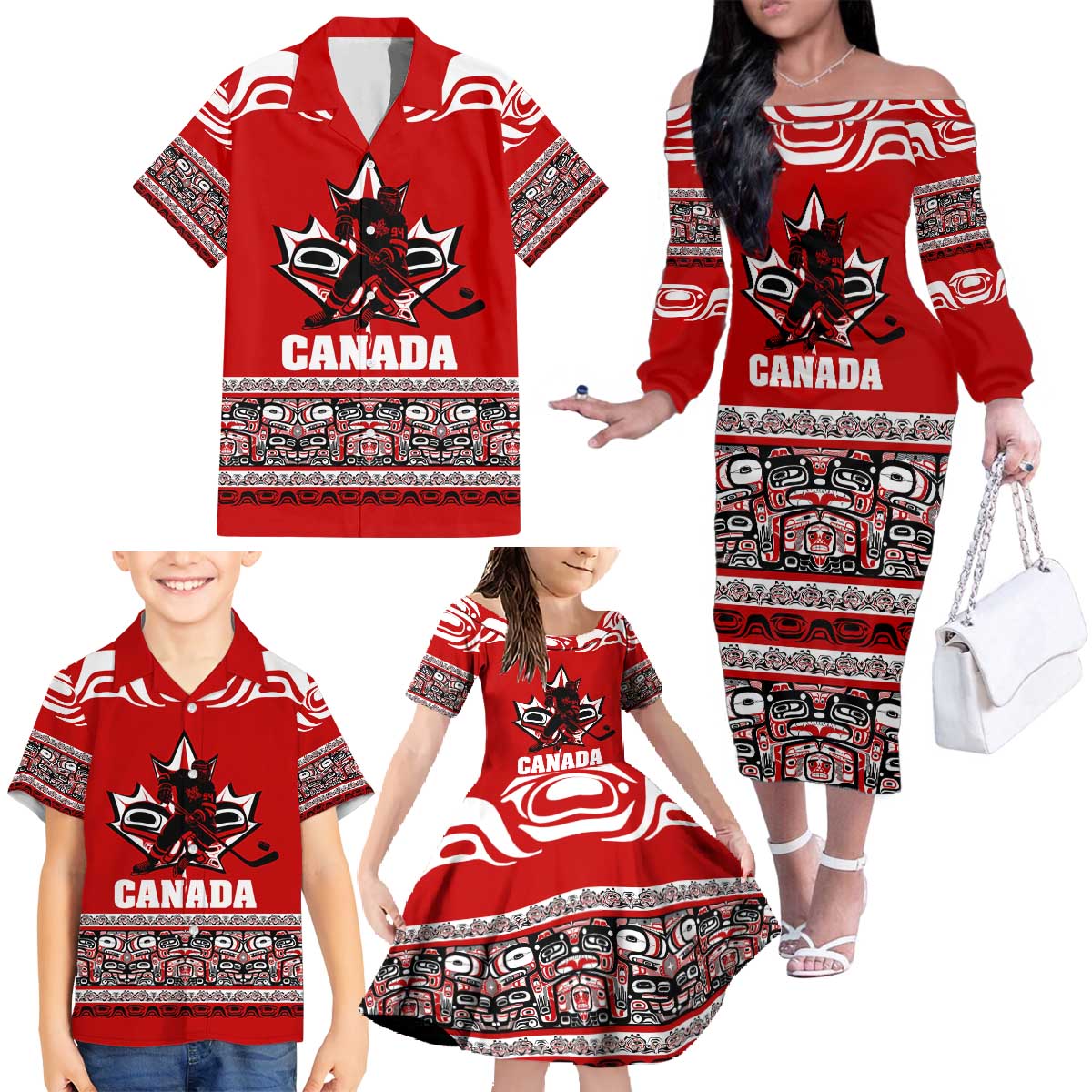 Haida Hockey Canada Family Matching Off The Shoulder Long Sleeve Dress and Hawaiian Shirt Maple Leaf