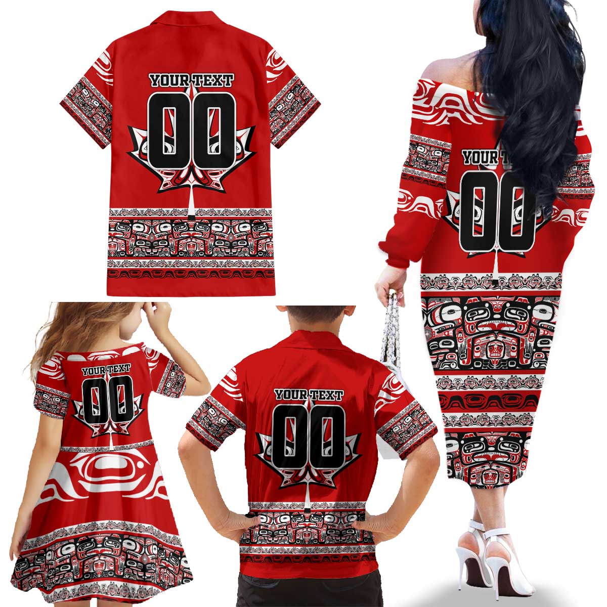 Haida Hockey Canada Family Matching Off The Shoulder Long Sleeve Dress and Hawaiian Shirt Maple Leaf